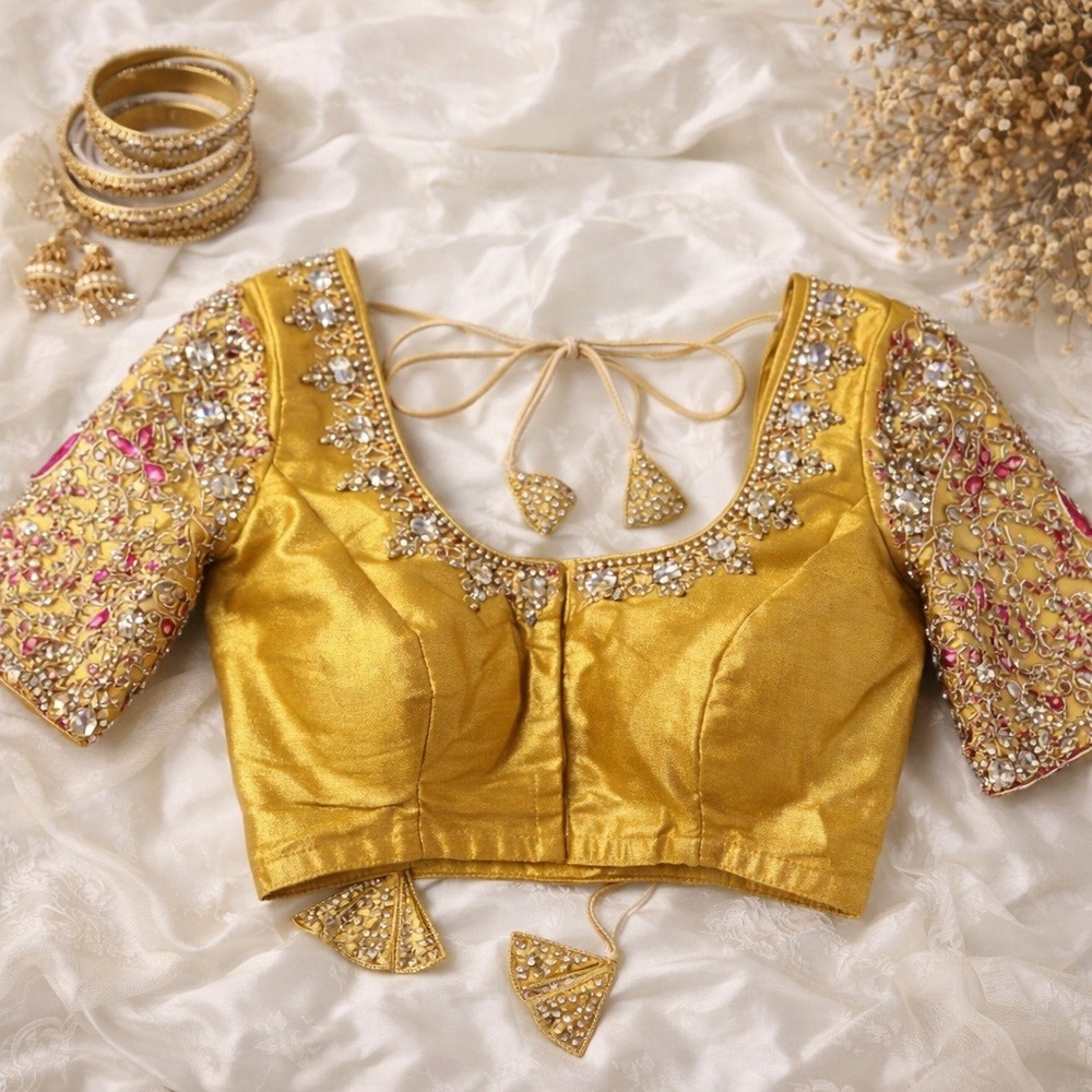 Vintage Silk Embroidered Saree BGold Lehenga Choli Top‎ Hand Beaded Bridal - Picture 3 of 16